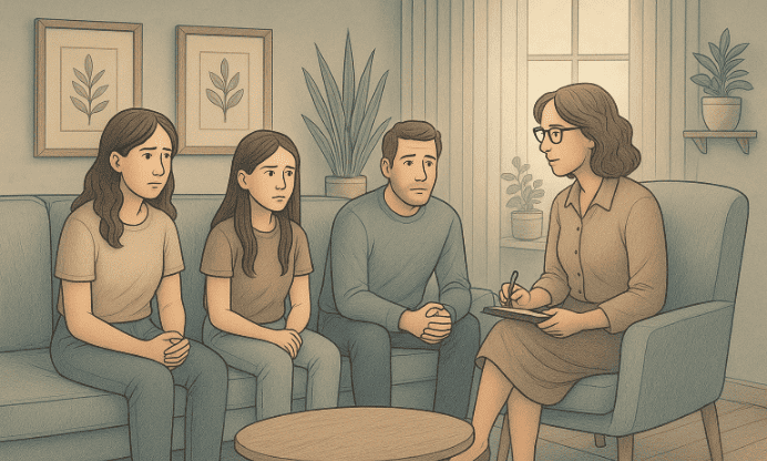 A woman and her family in therapy