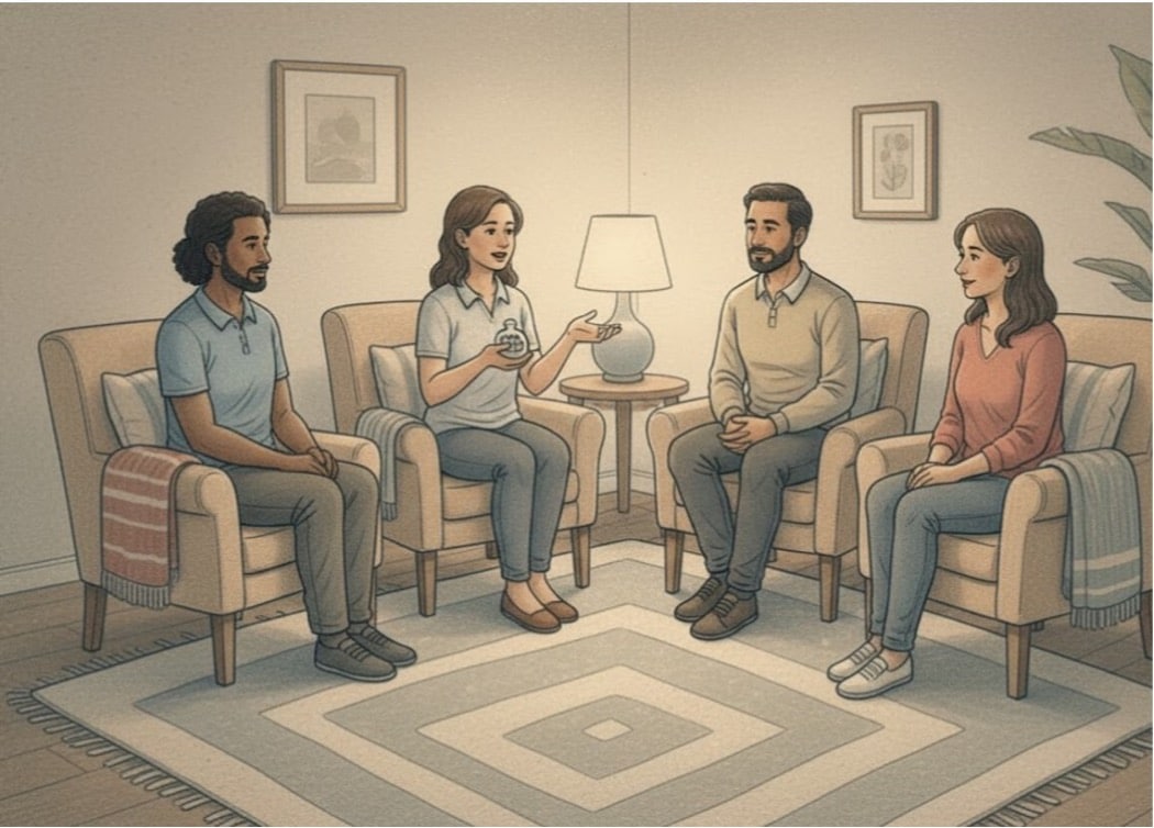 Four people sitting in a circle of armchairs during a group therapy session.