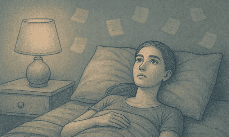 Woman lying awake in bed, looking anxious.