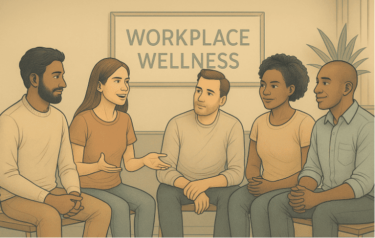 A diverse group of five people sitting in a circle having a discussion