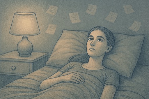 Woman lying awake at night with racing thoughts, a common sign of ADHD in adult women.