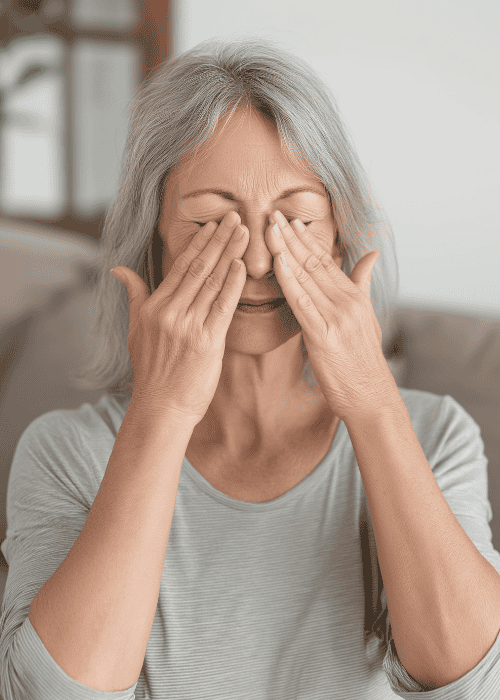 woman sitting on sofa with hands over eyes experiencing chronic fatigue in adults