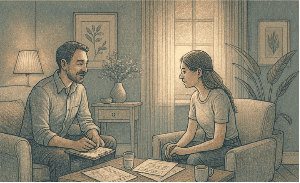 A warm therapy session showing a therapist and client working together with notes and worksheets, representing the collaborative nature of CBT treatment.
