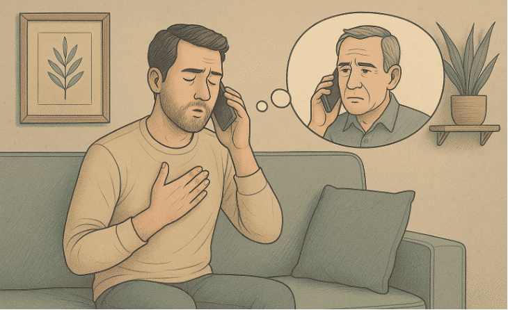 A man practicing deep breathing to remain calm while talking on the phone with his dad.