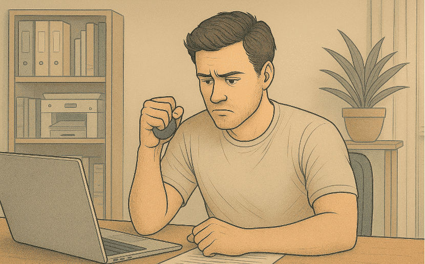 Man looking concerned while working at the laptop.