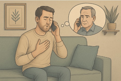Man practicing deep breathing to remain calm while talking on the phone with his dad.
