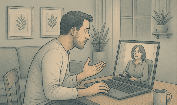 A man talking to a therapist via video call on his laptop 