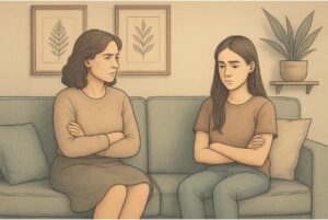 Mother displaying passive-aggressive behavior toward her daughter, illustrating difficult family dynamics that can impact adult mental health