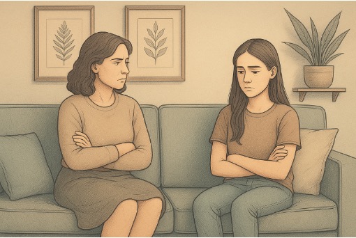 Mother displaying passive-aggressive behavior toward her daughter, illustrating difficult family dynamics that can impact adult mental health