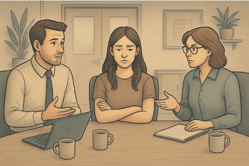 A woman sitting alone at her desk with tense body language, displaying signs of passive-aggressive behavior at work 