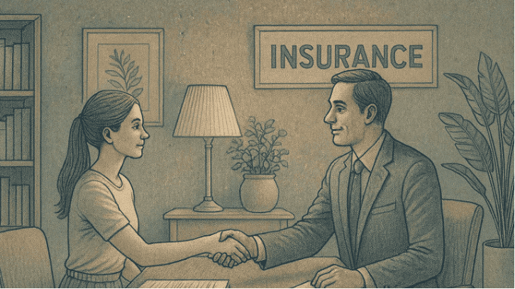 Illustration of a woman shaking hands with an insurance agent across a desk, with paperwork in front of them and a sign reading 'INSURANCE' on the wall.