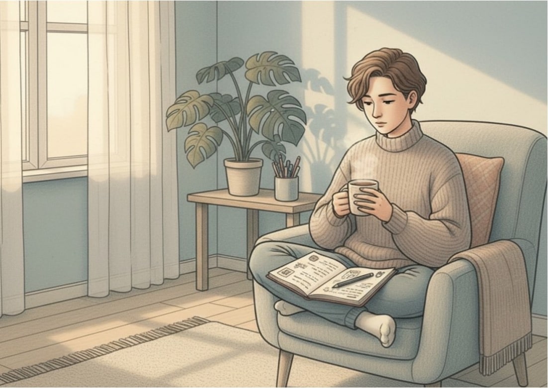 Person relaxing in an armchair by a sunny window with coffee and a journal, next to a potted plant