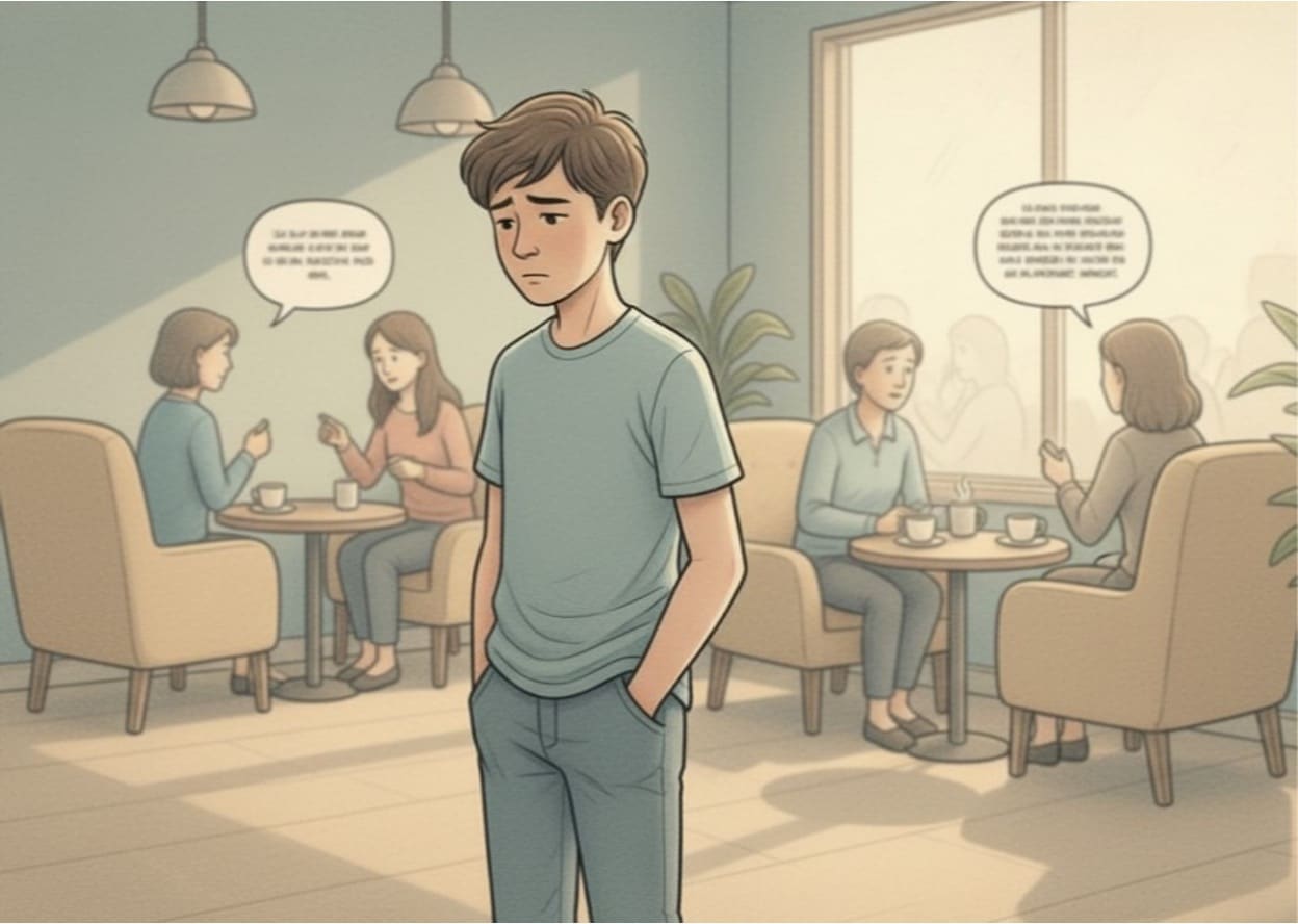 Person standing alone in cafe while others chat at tables in the background, depicting social isolation.