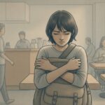 A distressed person with arms crossed standing alone in busy public space.