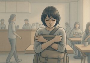 A distressed person with arms crossed standing alone in busy public space.