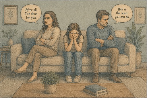 Upset parents guilt-trip daughter while avoiding direct eye contact, demonstrating passive-aggressive behavior