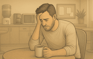 Exhausted man sitting at the table with a coffee mu