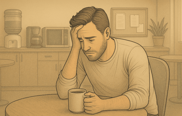 Exhausted man sitting at the table with a coffee mu