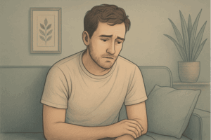 A man looking sad while sitting on a couch