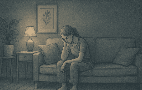 A person sitting quietly on a couch looking thoughtful and tired, surrounded by dim lighting, representing the low energy and withdrawal characteristic of depressive episodes.