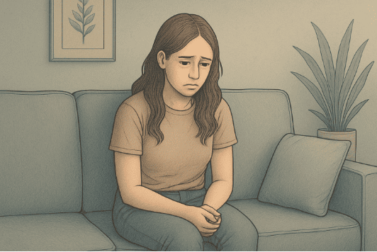 A woman looking sad sitting on a couch