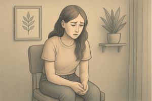 A sad woman sitting on a chair