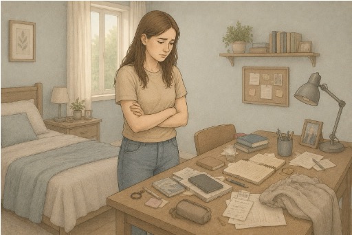 Woman struggling to organize messy bedroom desk and scattered belongings
