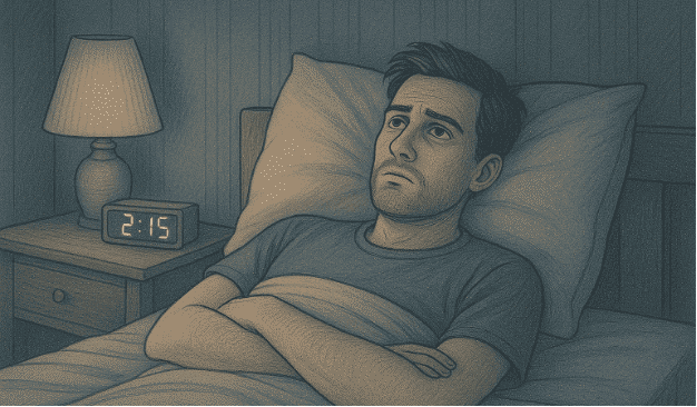 A man laying awake in bed at night 