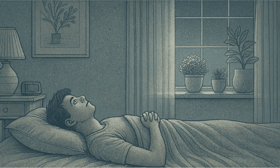 An illustration of a person lying awake in bed at night, staring at the ceiling, representing the sleep difficulties common in depression.