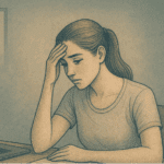 Stressed woman with hand on forehead sitting at desk.