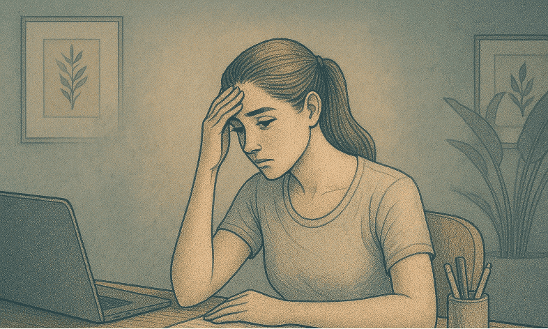 Stressed woman with hand on forehead sitting at desk.