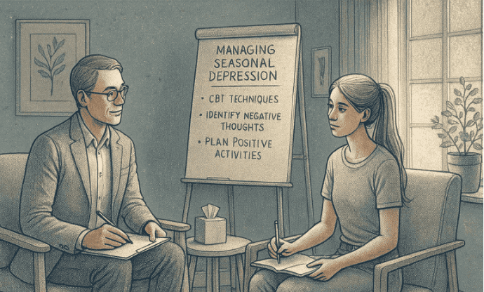 A therapy session showing someone learning CBT techniques for managing seasonal depression, with a therapist providing supportive guidance.