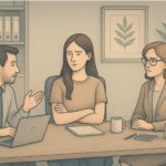 A woman sitting apart from her coworkers in an office, avoiding eye contact as a sign of passive-aggressive behavior in the workplace