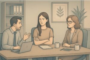 A woman sitting apart from her coworkers in an office, avoiding eye contact as a sign of passive-aggressive behavior in the workplace