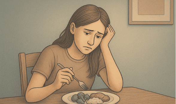 A woman struggling to eat food on her plate 