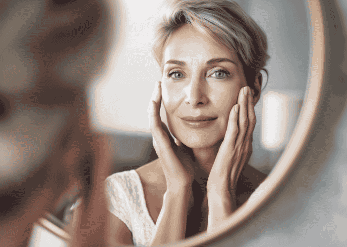 Middle-aged woman looking in the mirror smiling because of receiving treatment for people-pleasing behavior in adults