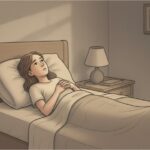 Woman lying awake in bed at night staring at the ceiling, unable to sleep.