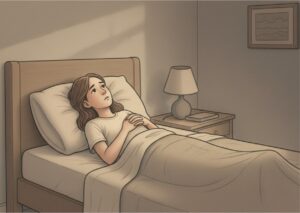 Woman lying awake in bed at night staring at the ceiling, unable to sleep.