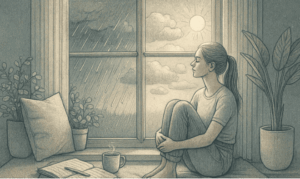 A person sitting by a window with changing weather outside, representing the mood fluctuations characteristic of cyclothymia and the journey toward emotional balance.