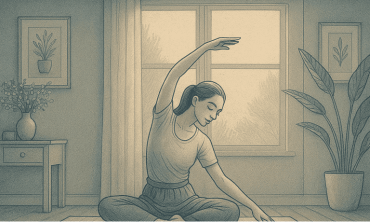 The woman is doing a side stretch yoga pose on a mat in a peaceful room.