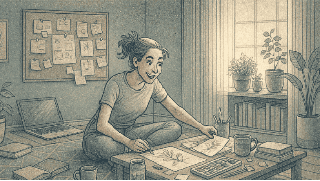 A person enthusiastically working on multiple creative projects with art supplies, books, and plans spread around them, representing the increased energy and creativity during hypomanic episodes.