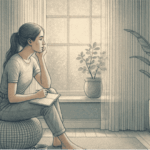 An illustration of a person sitting thoughtfully by a window, representing the journey of understanding and addressing depression.