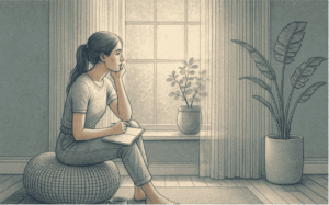 An illustration of a person sitting thoughtfully by a window, representing the journey of understanding and addressing depression.