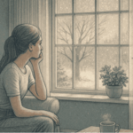 An illustration of a person looking out a window at fall or winter weather, representing the connection between seasonal changes and mood