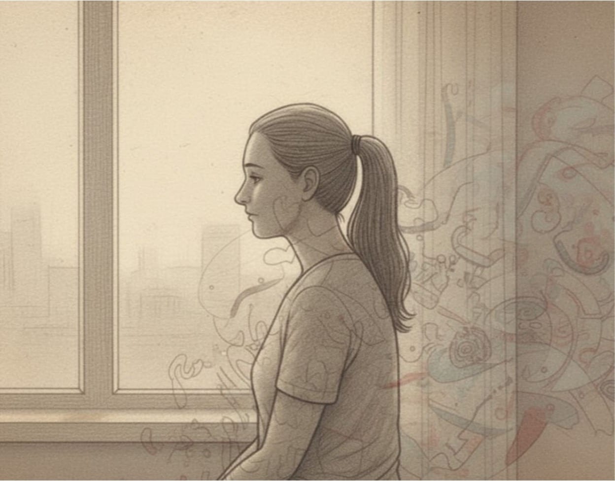 A woman with a ponytail, looking thoughtfully out of the window.