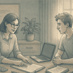 A peaceful insurance consultation setting with documents and a laptop, representing secure healthcare coverage discussions for individuals with ADHD.