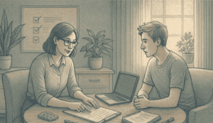 A peaceful insurance consultation setting with documents and a laptop, representing secure healthcare coverage discussions for individuals with pre-existing ADHD.