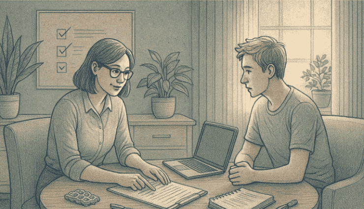 A peaceful insurance consultation setting with documents and a laptop, representing secure healthcare coverage discussions for individuals with ADHD.