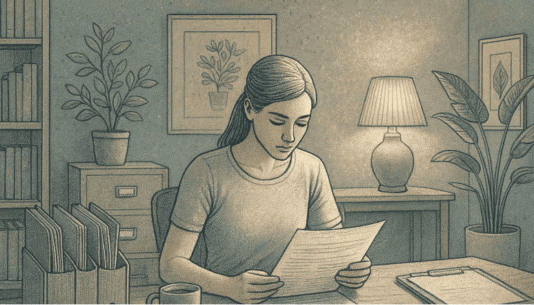 A person reading insurance documents at a desk with organized files, representing informed decision-making about ADHD coverage options.