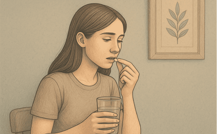A woman taking medication while holding a glass of water